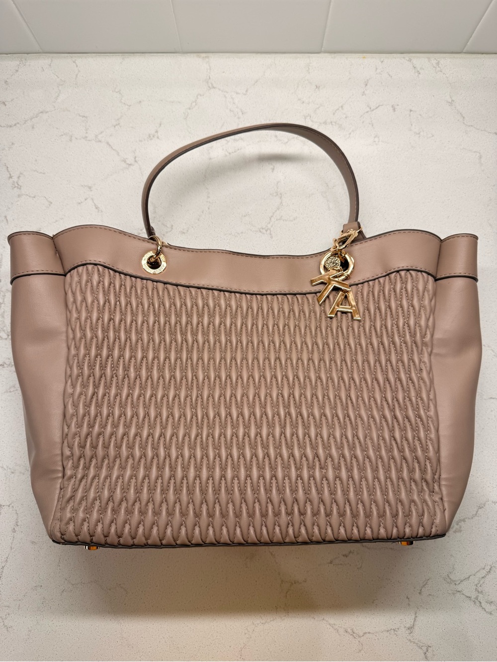 Anne Klein Quilted Taupe Tote with Gold Logo Charm